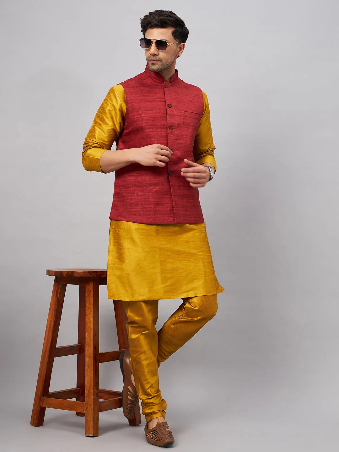 VASTRAMAY Men's Maroon Jacket & Mustard Kurta