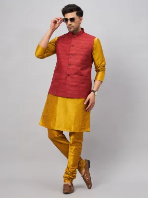 VASTRAMAY Men's Maroon Jacket & Mustard Kurta