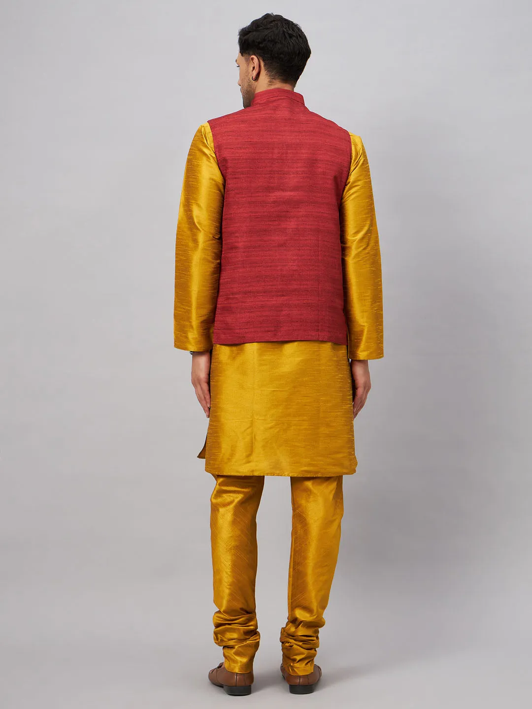 VASTRAMAY Men's Maroon Jacket & Mustard Kurta