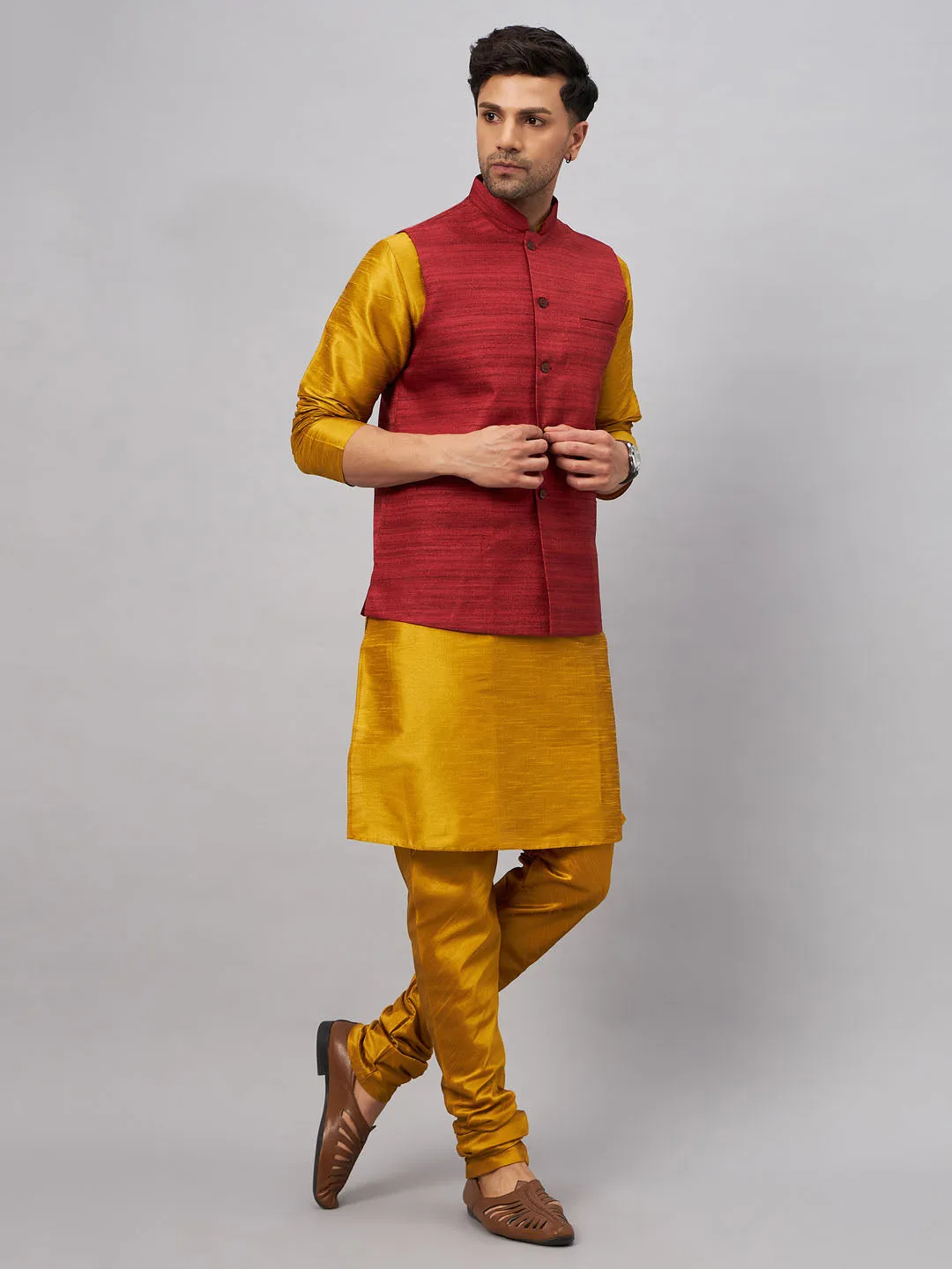 VASTRAMAY Men's Maroon Jacket & Mustard Kurta