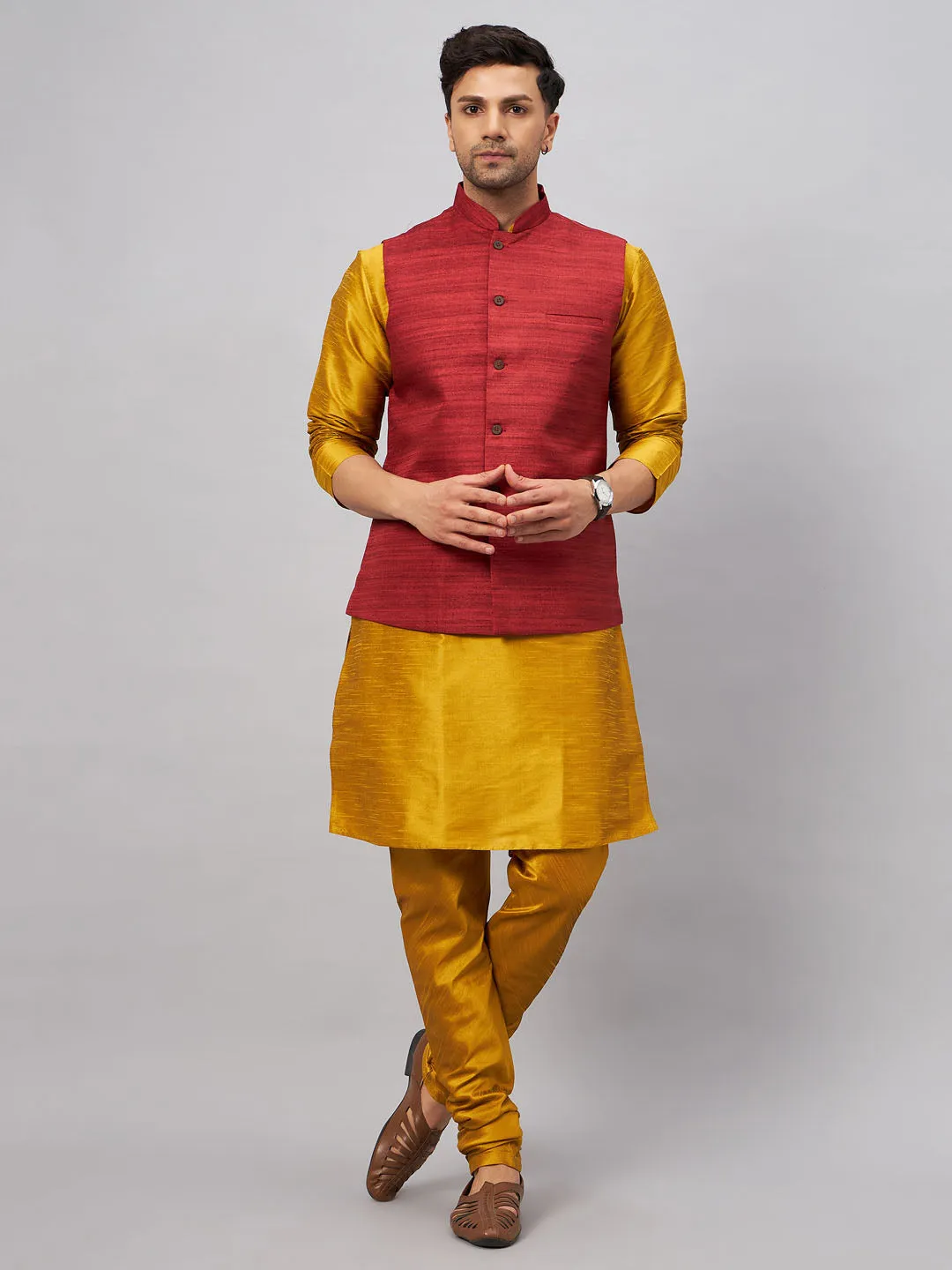 VASTRAMAY Men's Maroon Jacket & Mustard Kurta