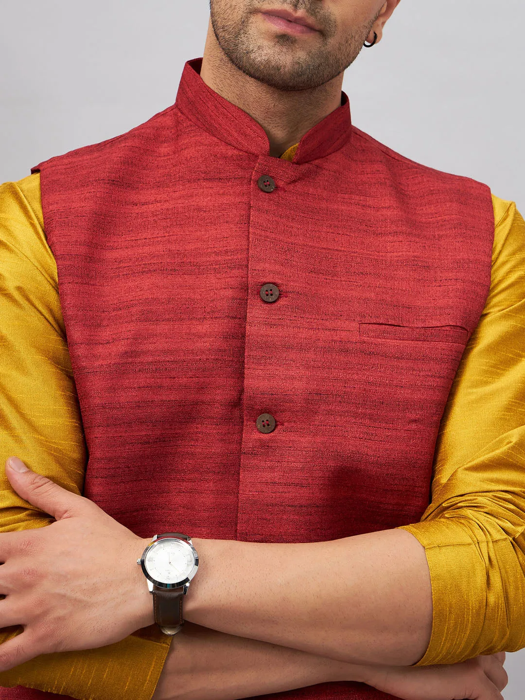 VASTRAMAY Men's Maroon Jacket & Mustard Kurta
