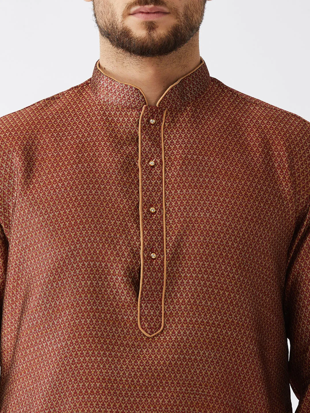 VASTRAMAY Men's Maroon Silk Blend Kurta Dhoti