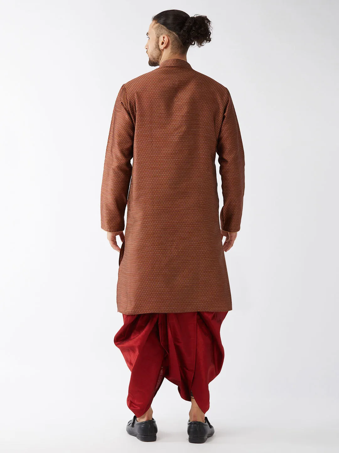 VASTRAMAY Men's Maroon Silk Blend Kurta Dhoti