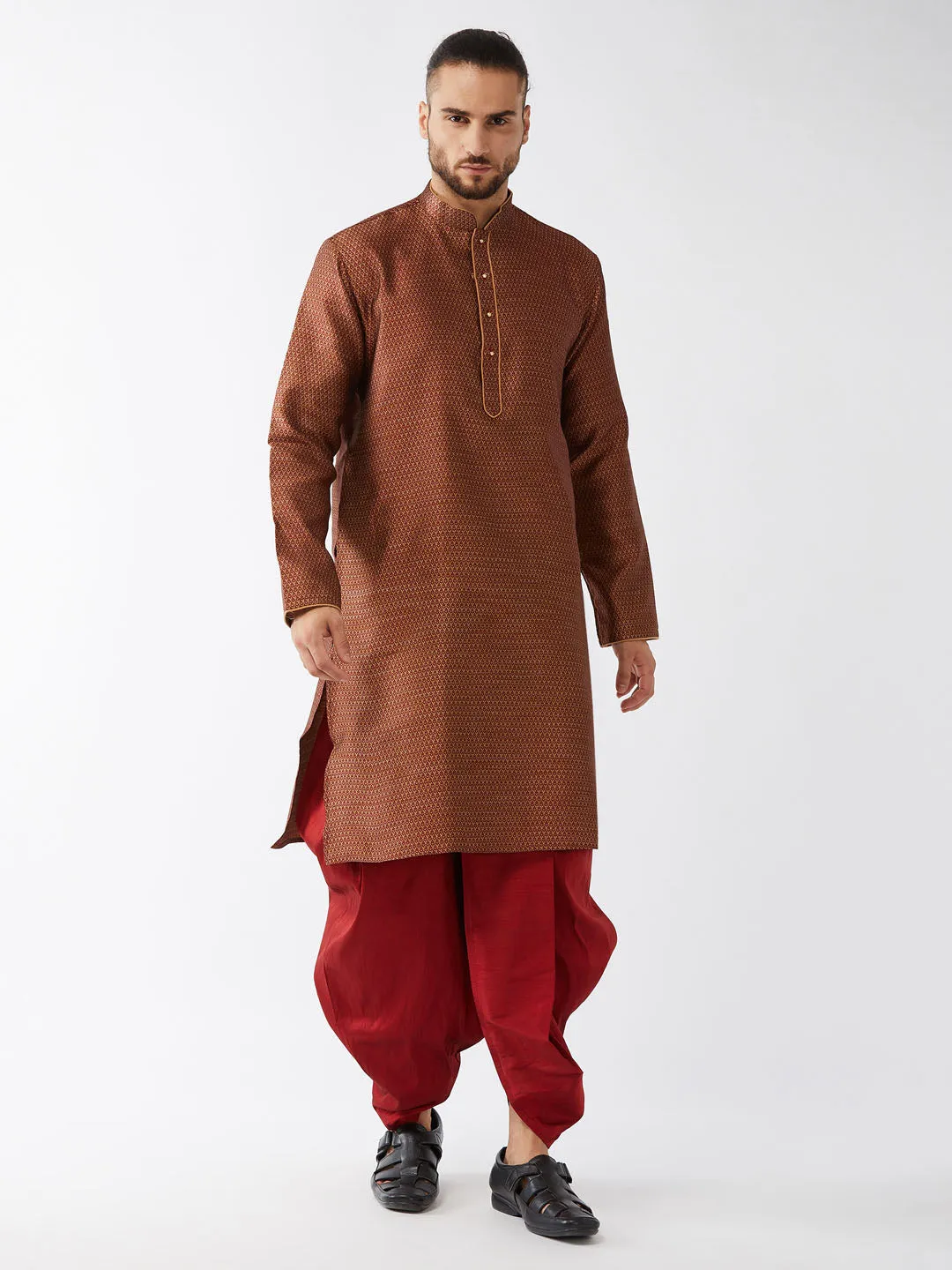 VASTRAMAY Men's Maroon Silk Blend Kurta Dhoti