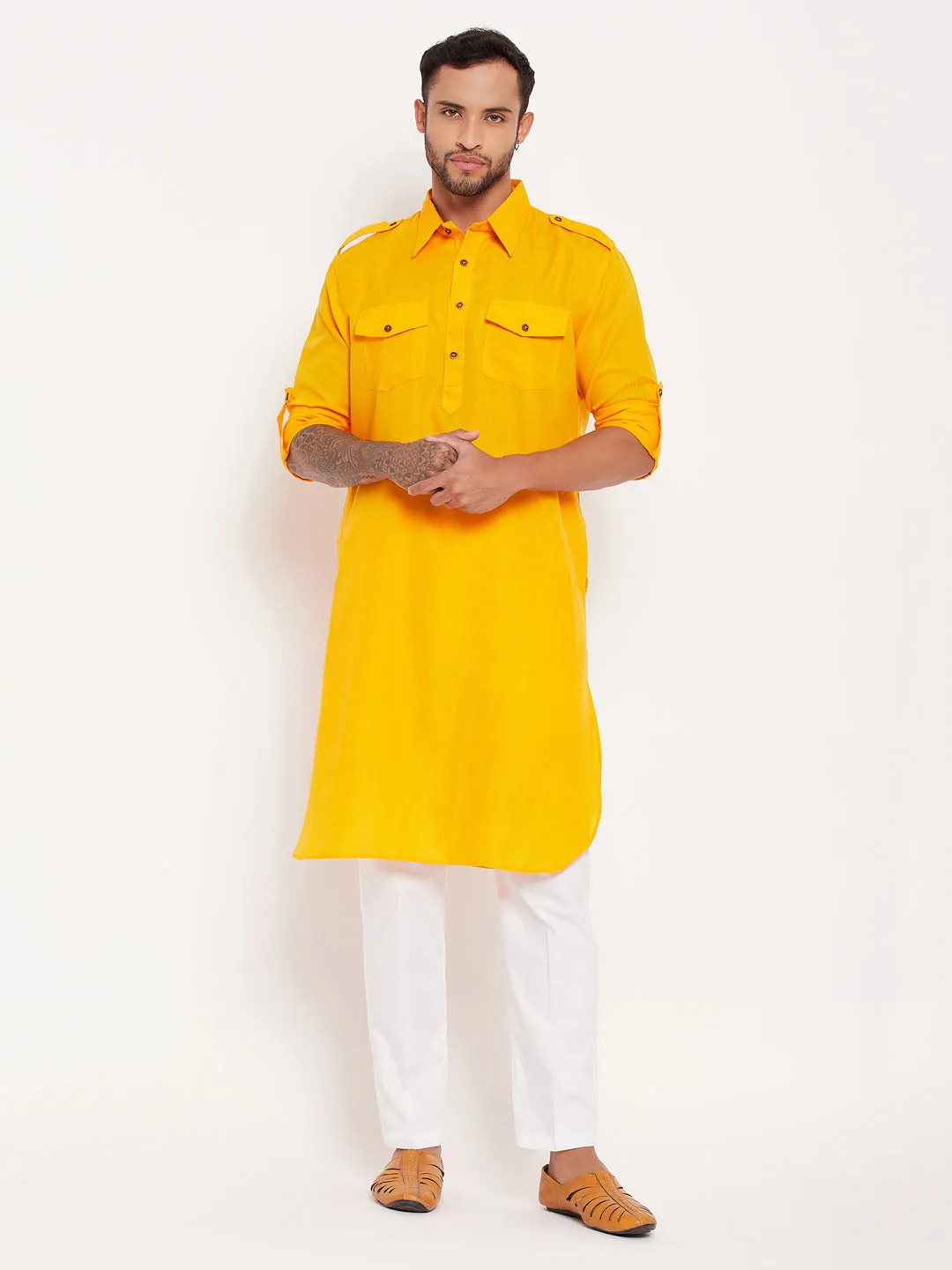 VASTRAMAY Men's Mustard Pathani Suit Set