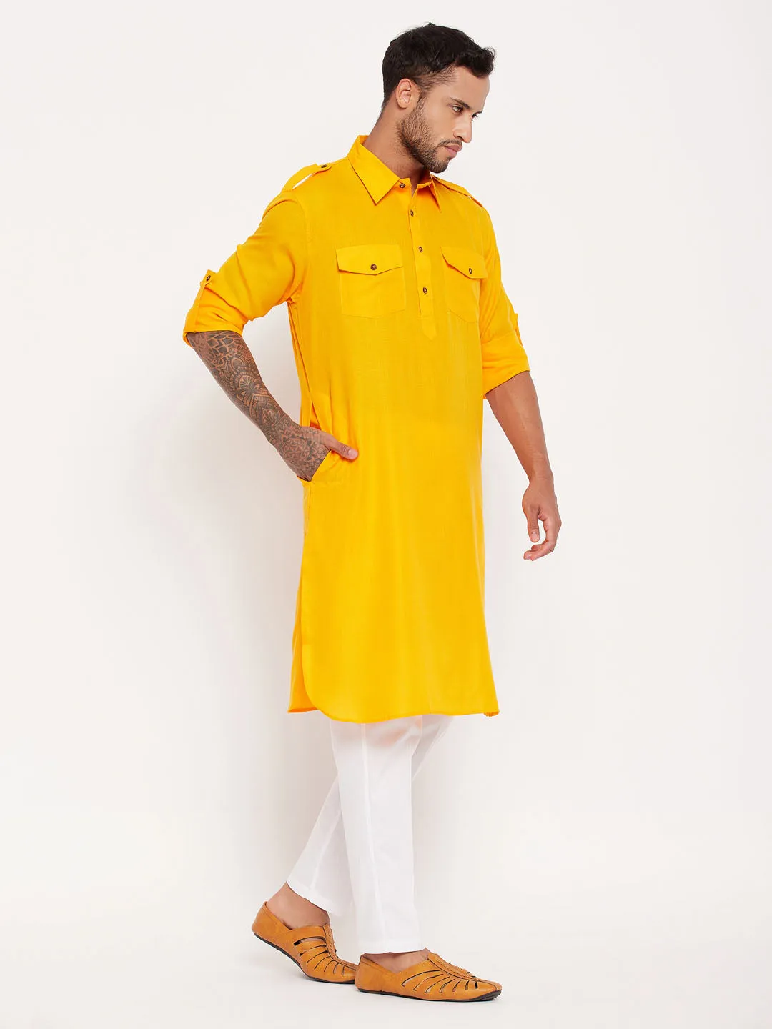 VASTRAMAY Men's Mustard Pathani Suit Set
