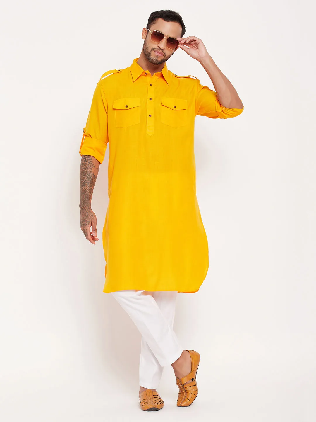 VASTRAMAY Men's Mustard Pathani Suit Set