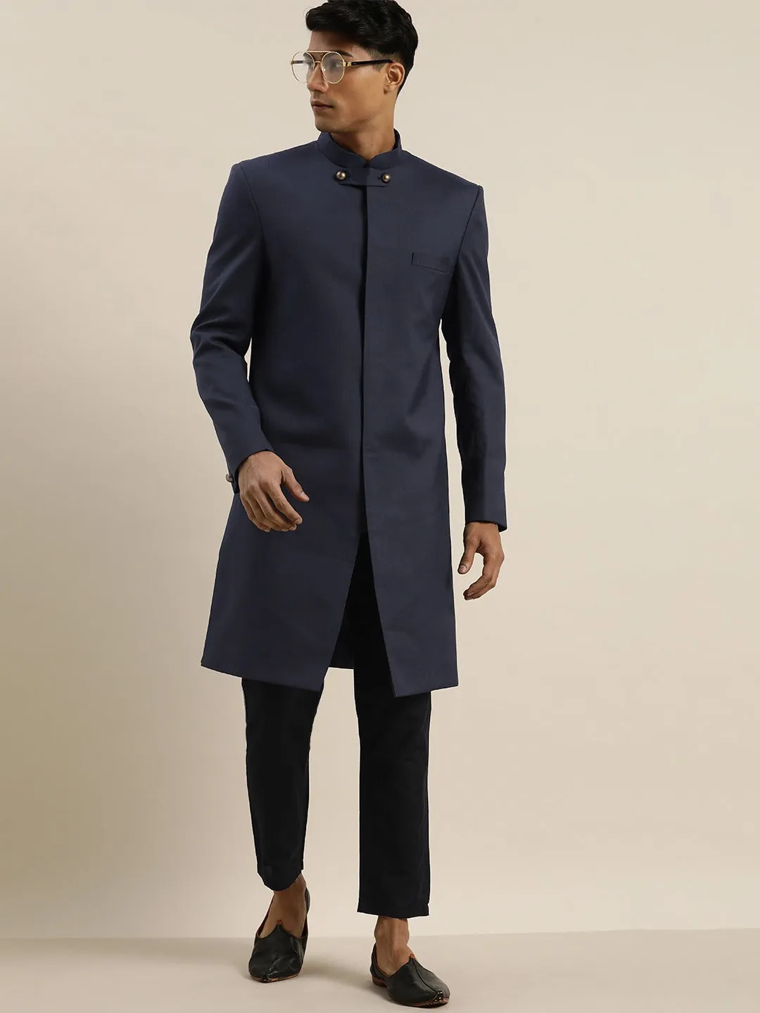 Vastramay Men's Navy Blue Bandhgala Set