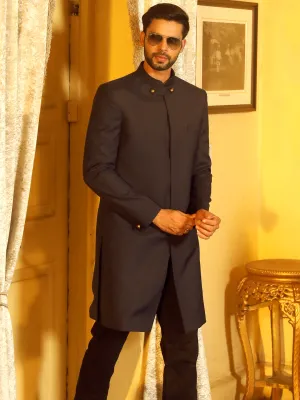 Vastramay Men's Navy Blue Bandhgala Set