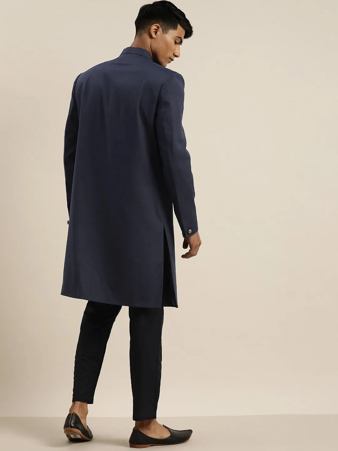 Vastramay Men's Navy Blue Bandhgala Set