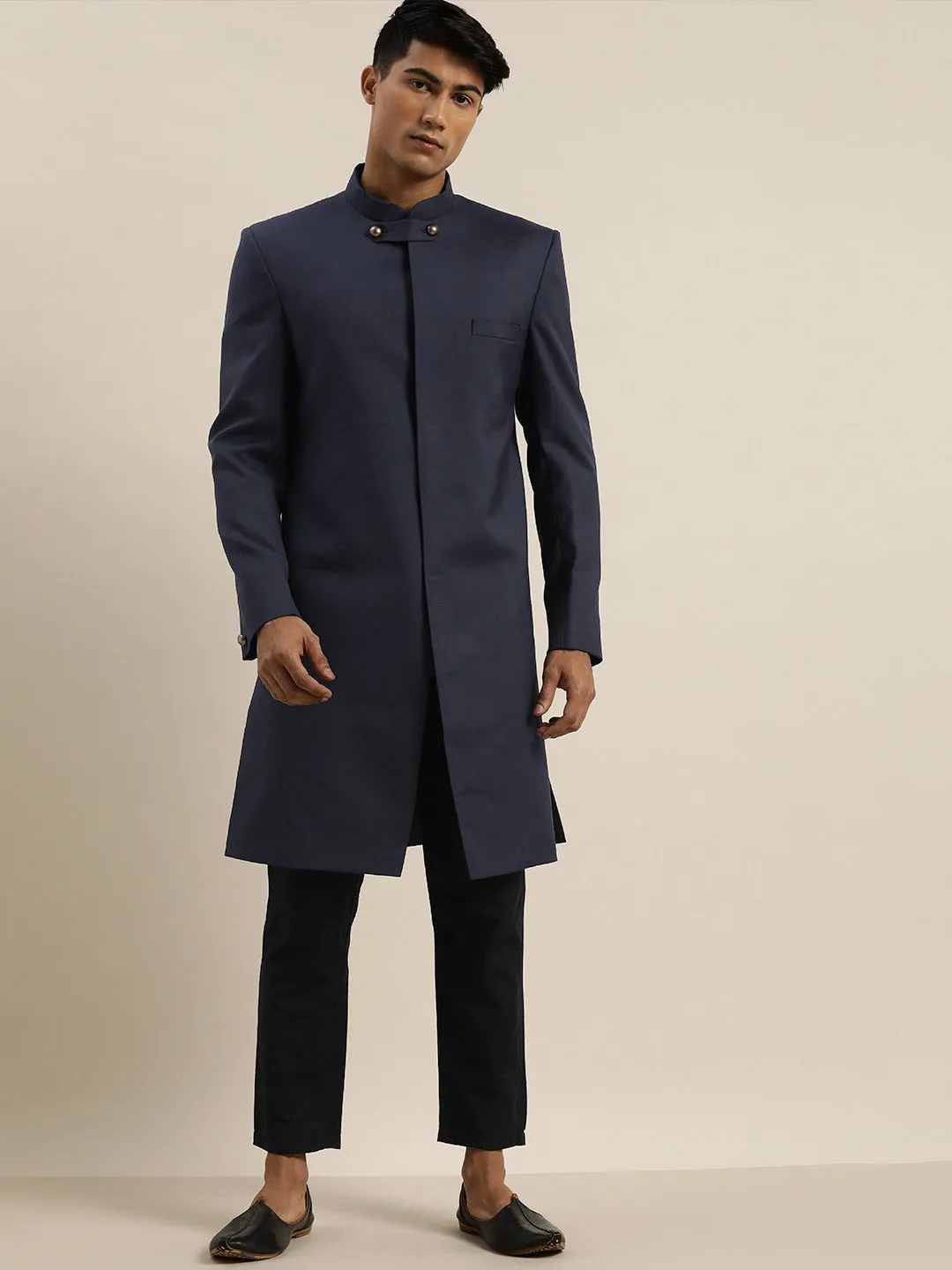 Vastramay Men's Navy Blue Bandhgala Set