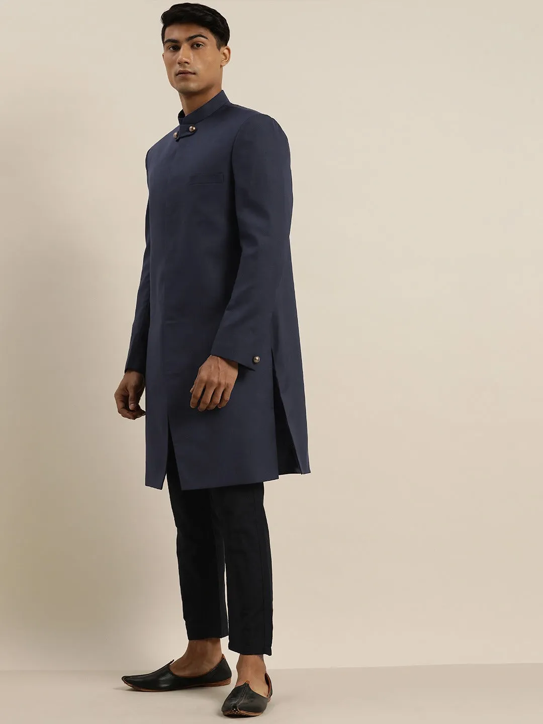 Vastramay Men's Navy Blue Bandhgala Set