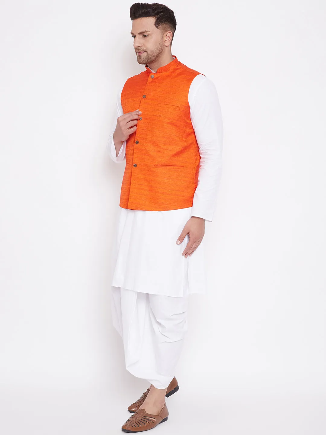 Vastramay Men's Orange & White Kurta Set