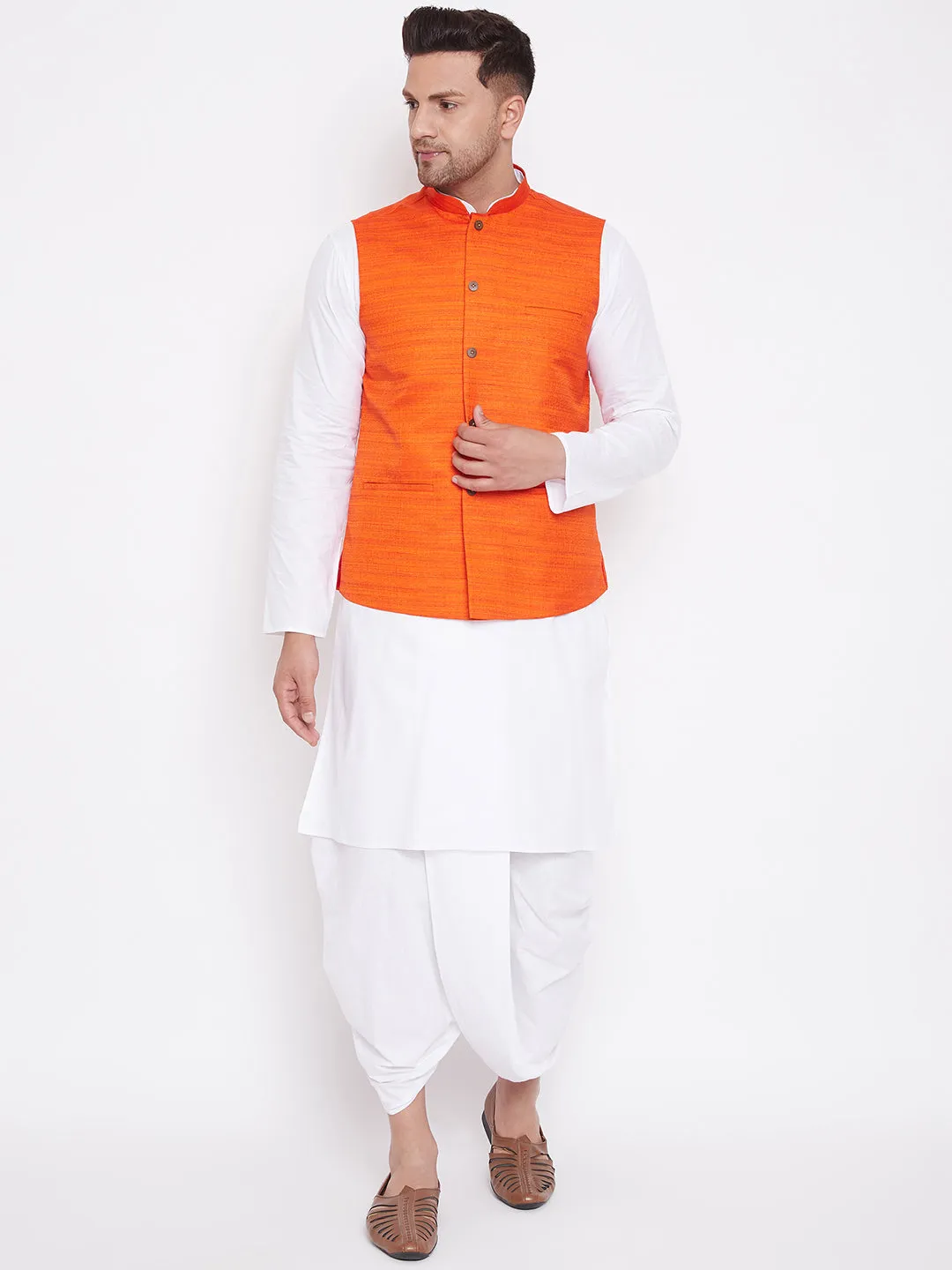 Vastramay Men's Orange & White Kurta Set