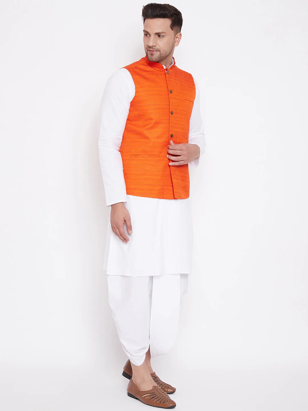 Vastramay Men's Orange & White Kurta Set