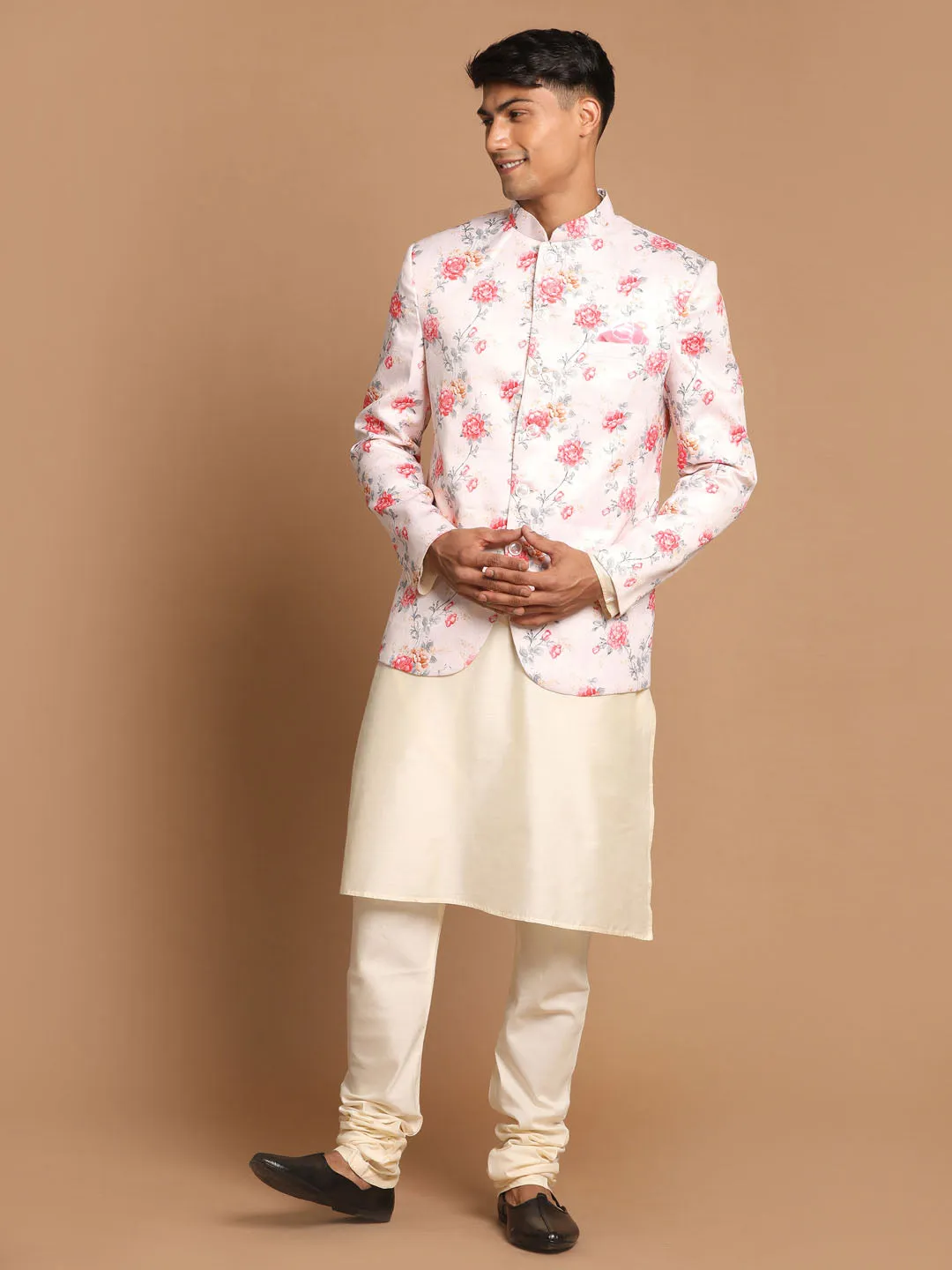 VASTRAMAY Men's Peach Floral Jodhpuri Set