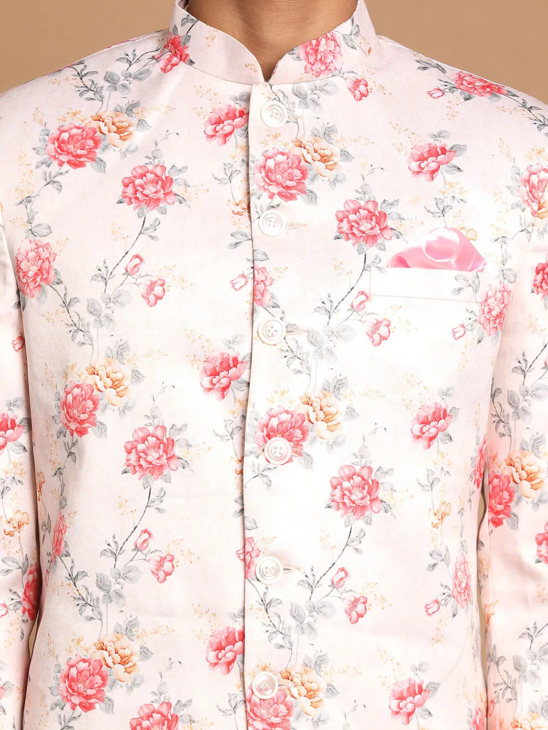 VASTRAMAY Men's Peach Floral Jodhpuri Set