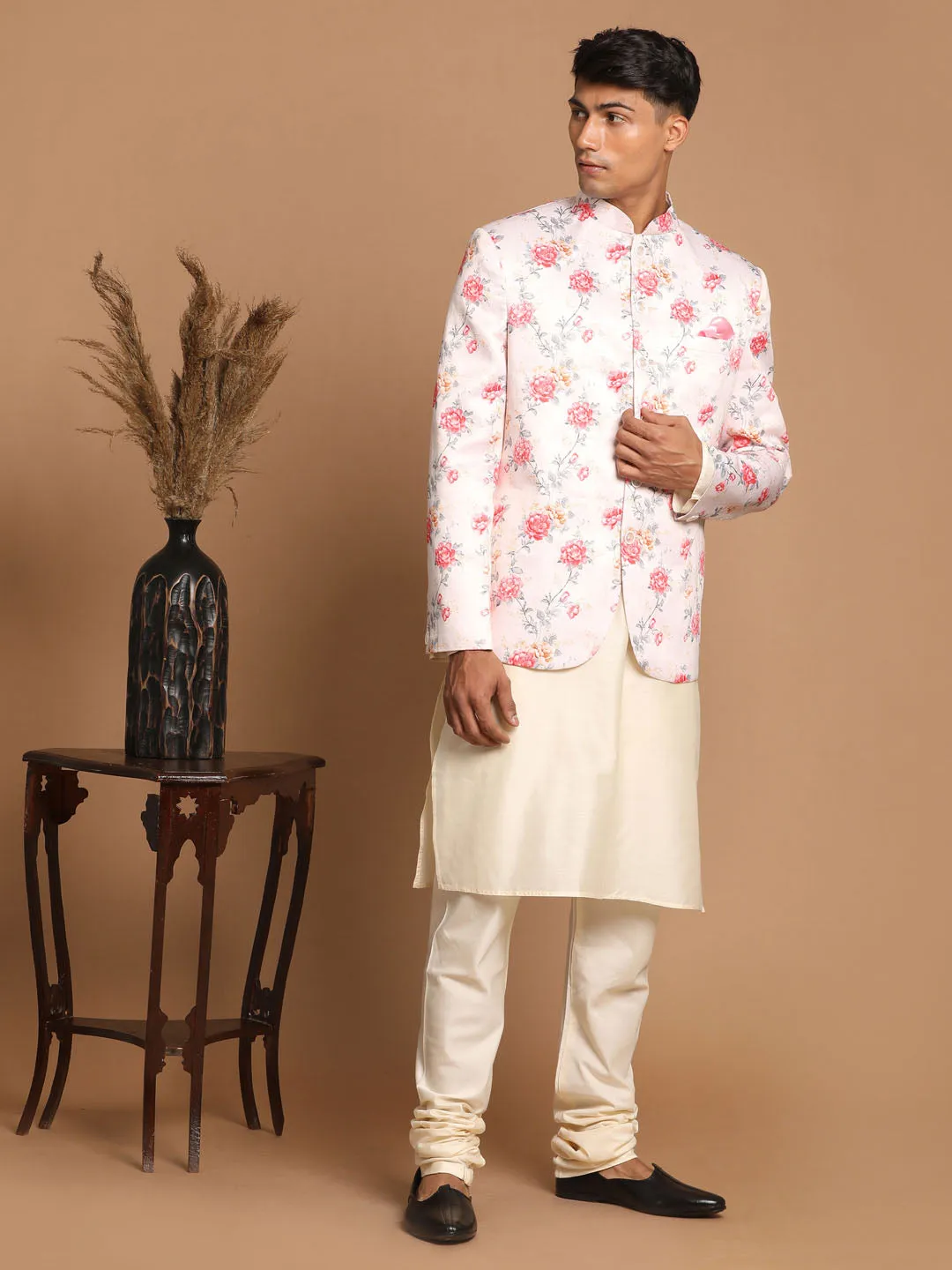 VASTRAMAY Men's Peach Floral Jodhpuri Set