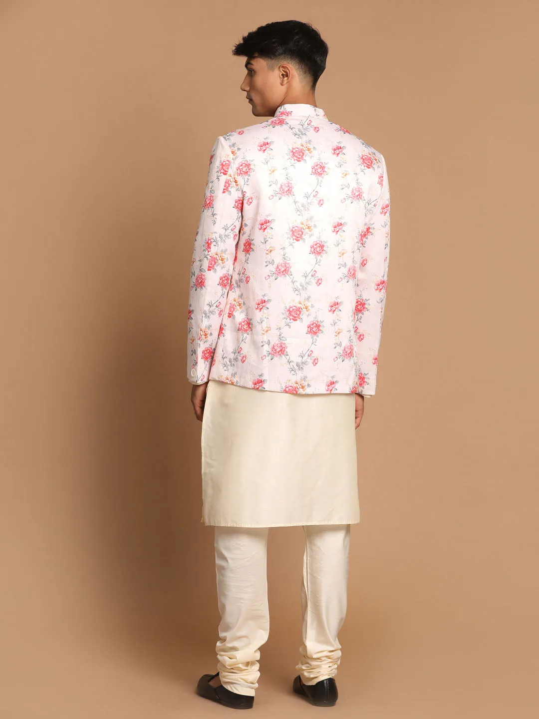 VASTRAMAY Men's Peach Floral Jodhpuri Set