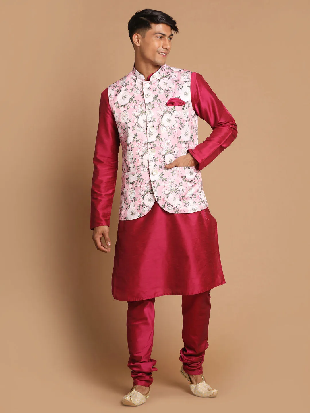 VASTRAMAY Men's Pink Floral Ethnic Jacket Kurta