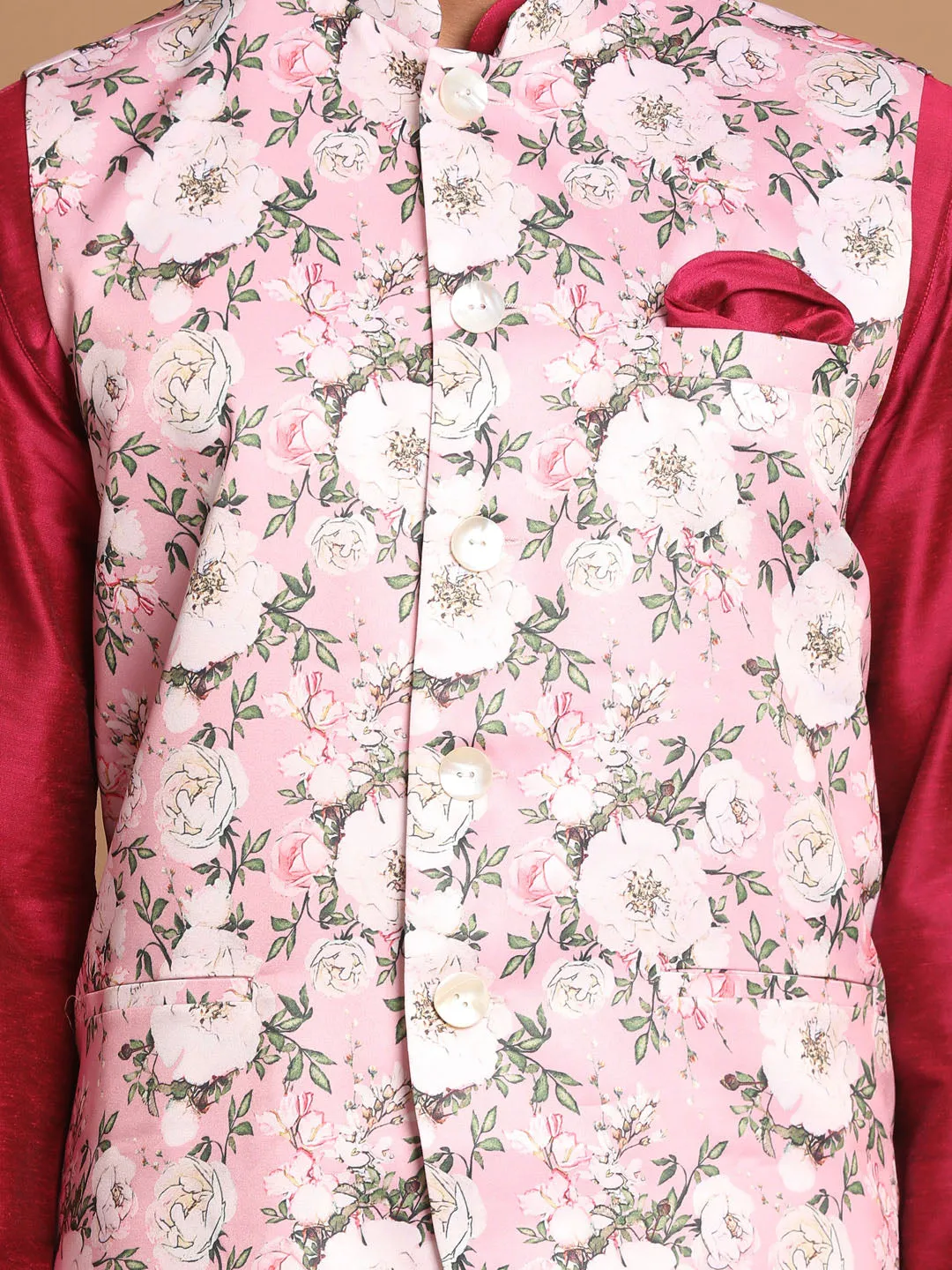 VASTRAMAY Men's Pink Floral Ethnic Jacket Kurta