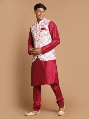 VASTRAMAY Men's Pink Floral Ethnic Jacket Kurta