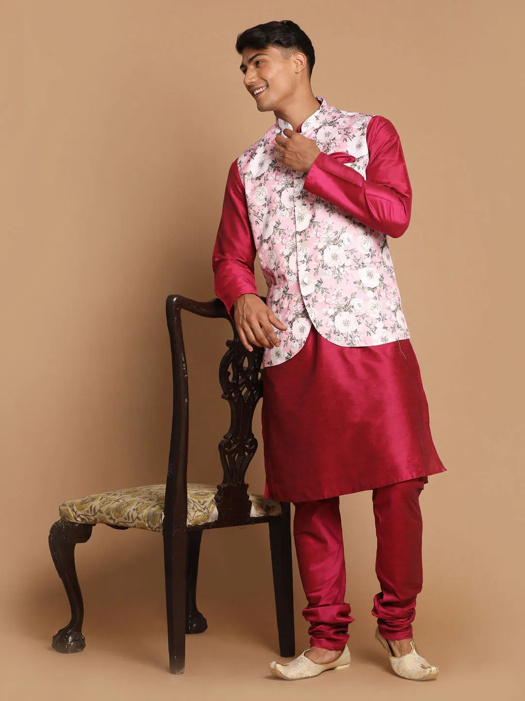 VASTRAMAY Men's Pink Floral Ethnic Jacket Kurta