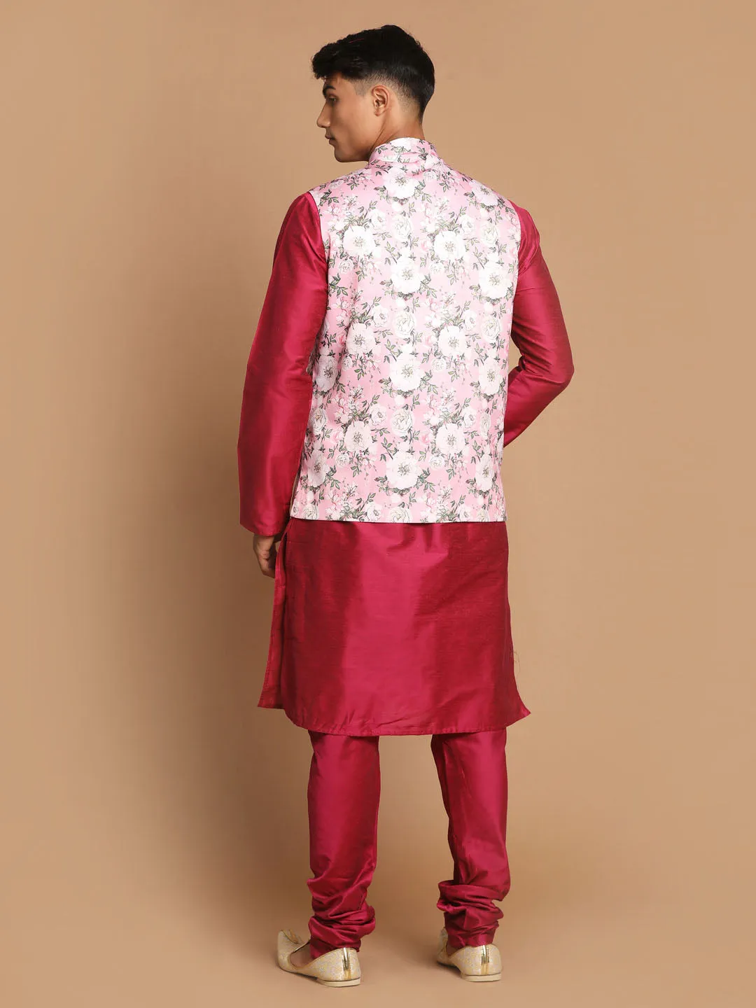 VASTRAMAY Men's Pink Floral Ethnic Jacket Kurta