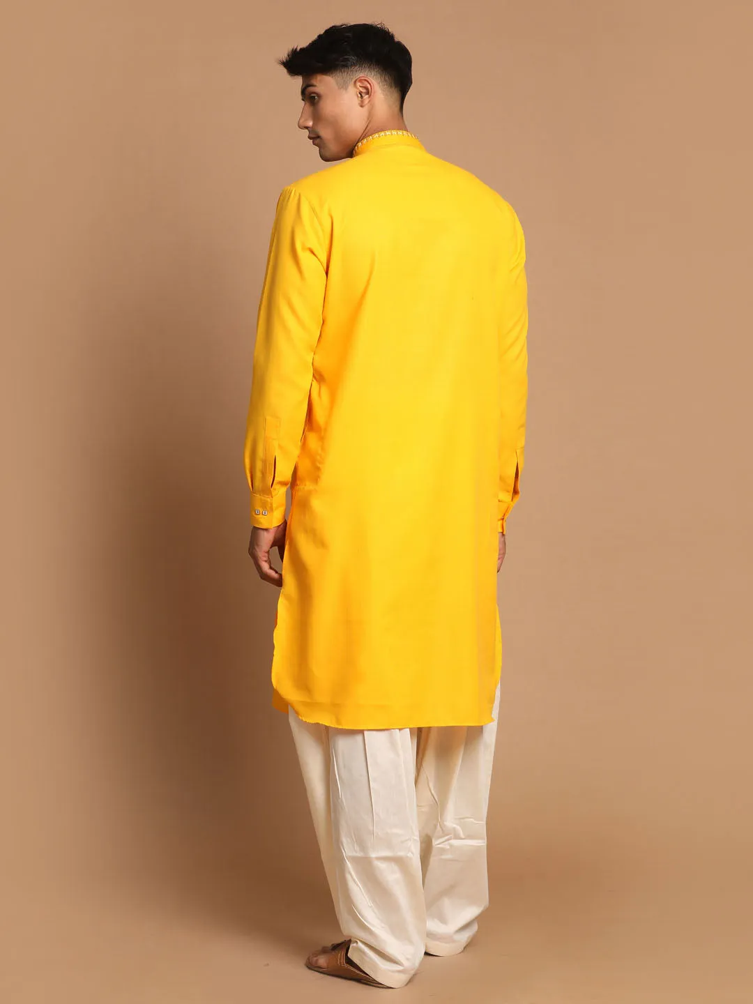 VASTRAMAY Men's Yellow Cotton Kurta-Patiala Set