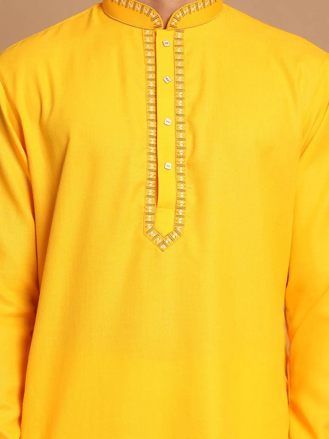VASTRAMAY Men's Yellow Cotton Kurta-Patiala Set