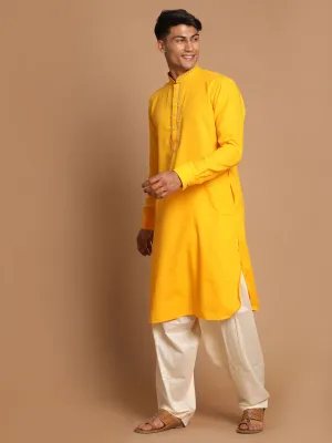VASTRAMAY Men's Yellow Cotton Kurta-Patiala Set