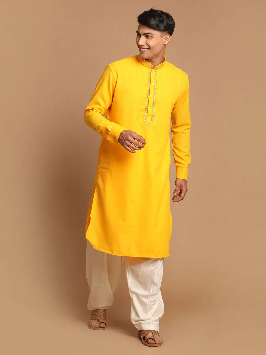 VASTRAMAY Men's Yellow Cotton Kurta-Patiala Set