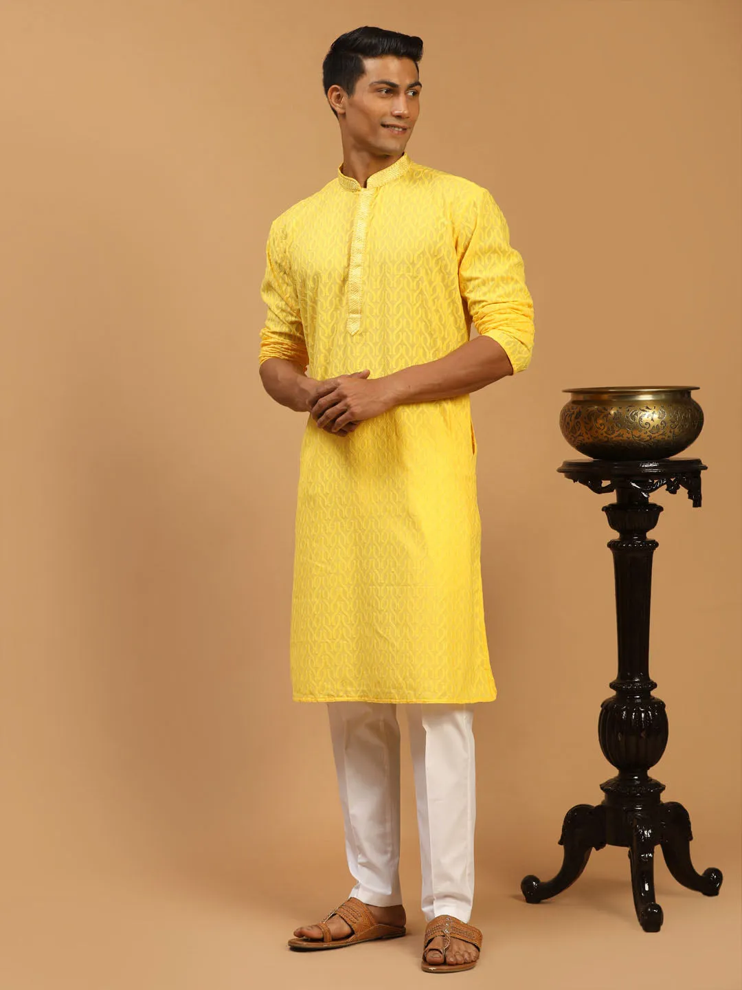 Vastramay Men's Yellow Embroidered Kurta Set