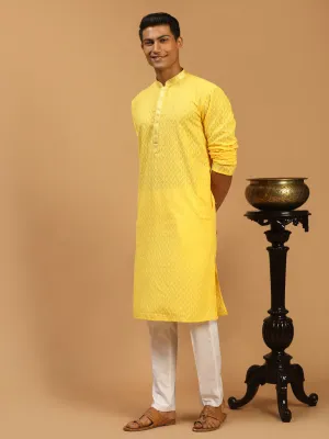 Vastramay Men's Yellow Embroidered Kurta Set
