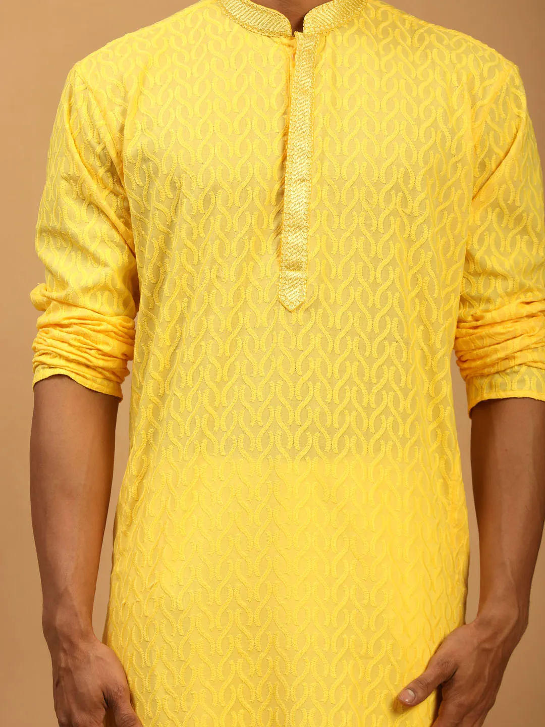 Vastramay Men's Yellow Embroidered Kurta Set