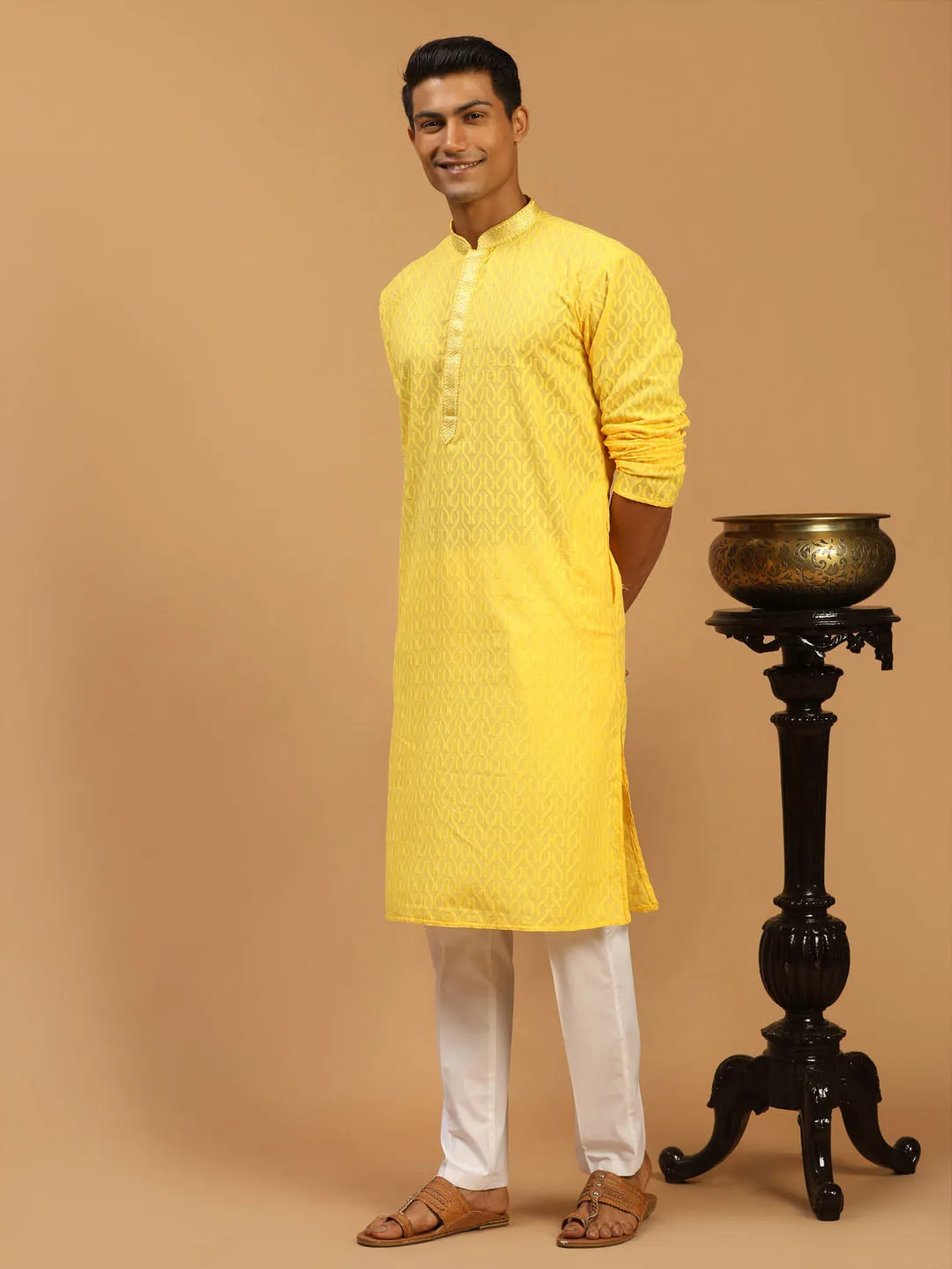 Vastramay Men's Yellow Embroidered Kurta Set