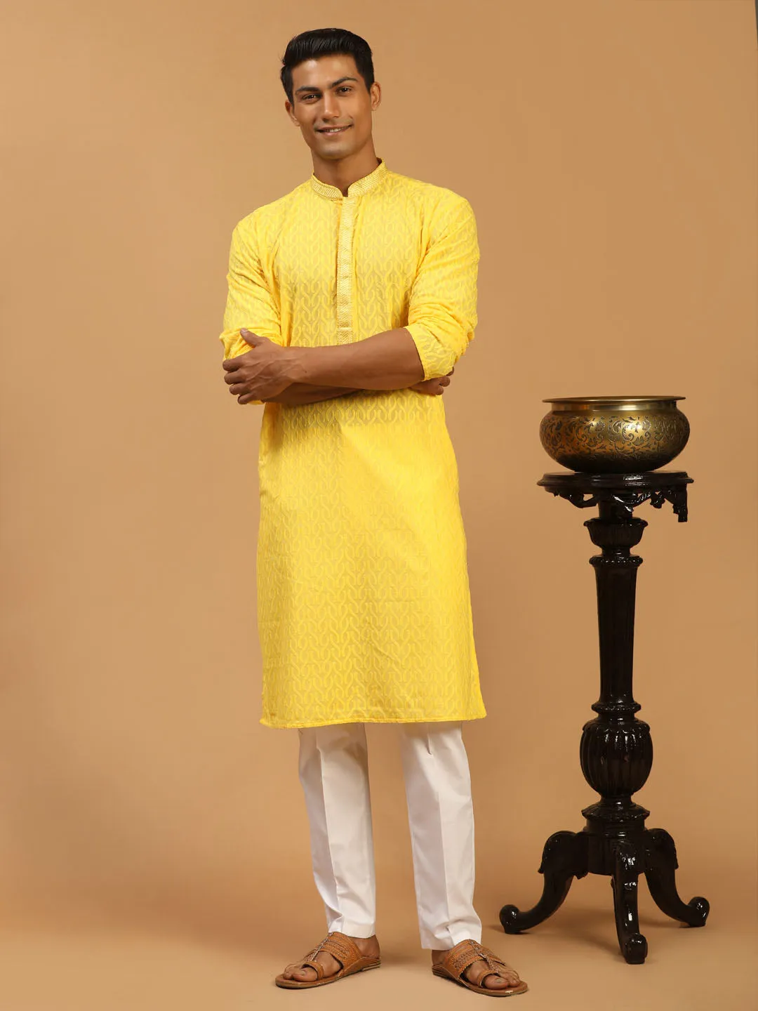 Vastramay Men's Yellow Embroidered Kurta Set