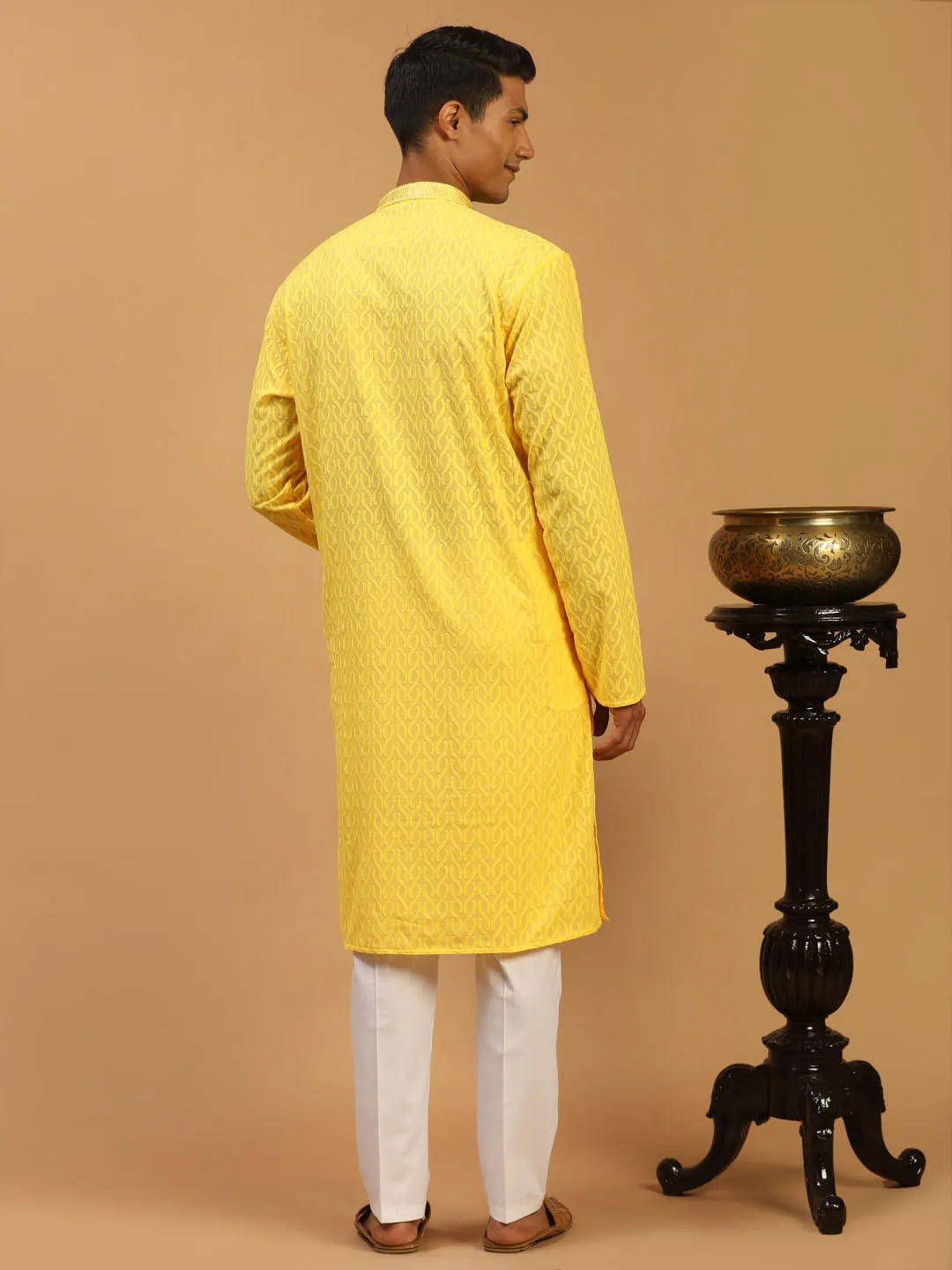 Vastramay Men's Yellow Embroidered Kurta Set