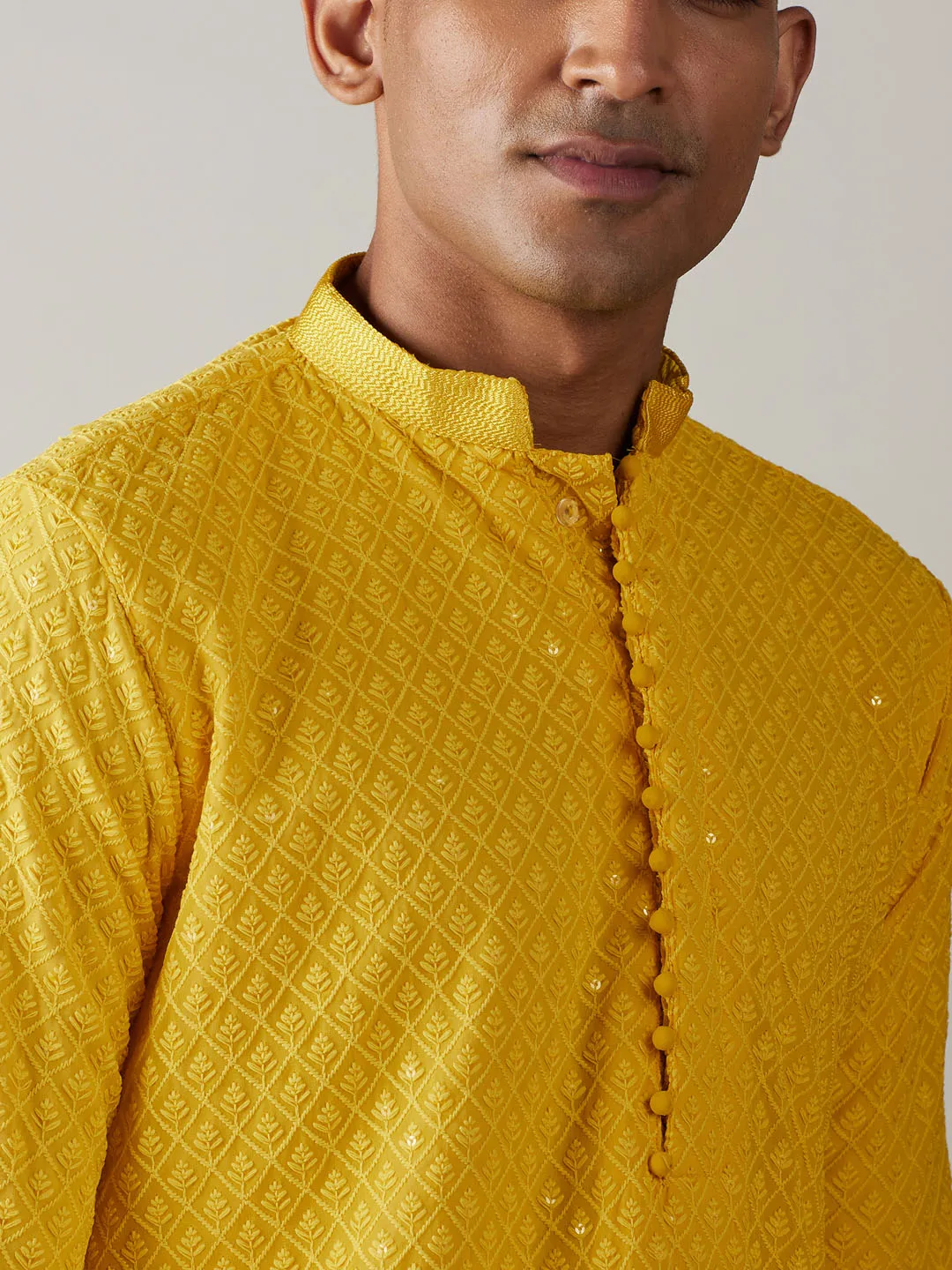 Vastramay Men's Yellow Georgette Kurta & Pant