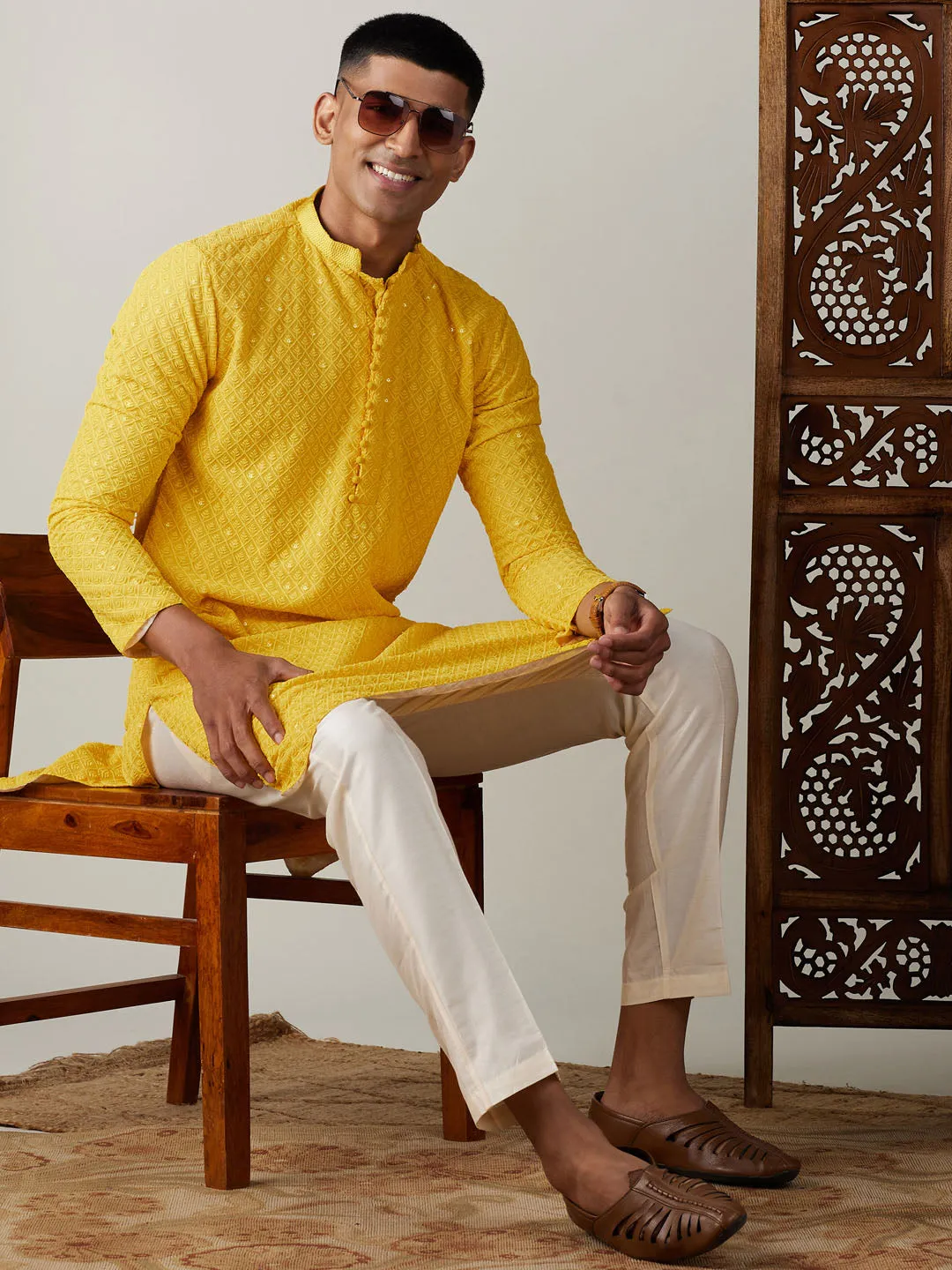 Vastramay Men's Yellow Georgette Kurta & Pant
