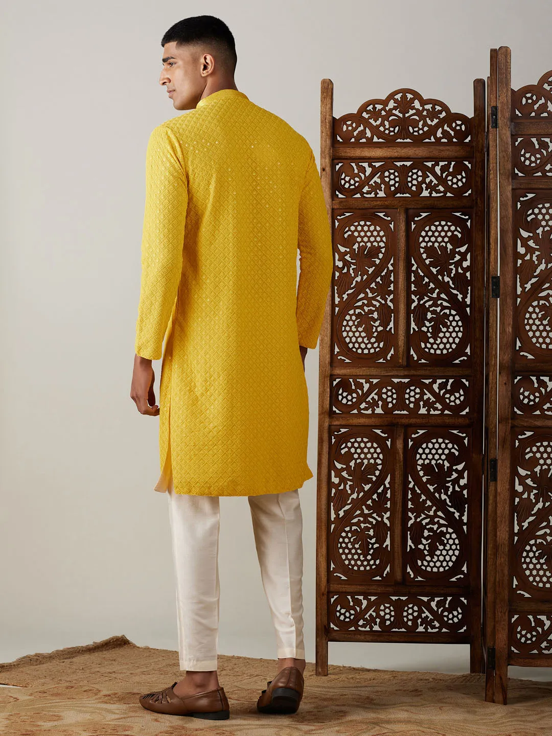 Vastramay Men's Yellow Georgette Kurta & Pant