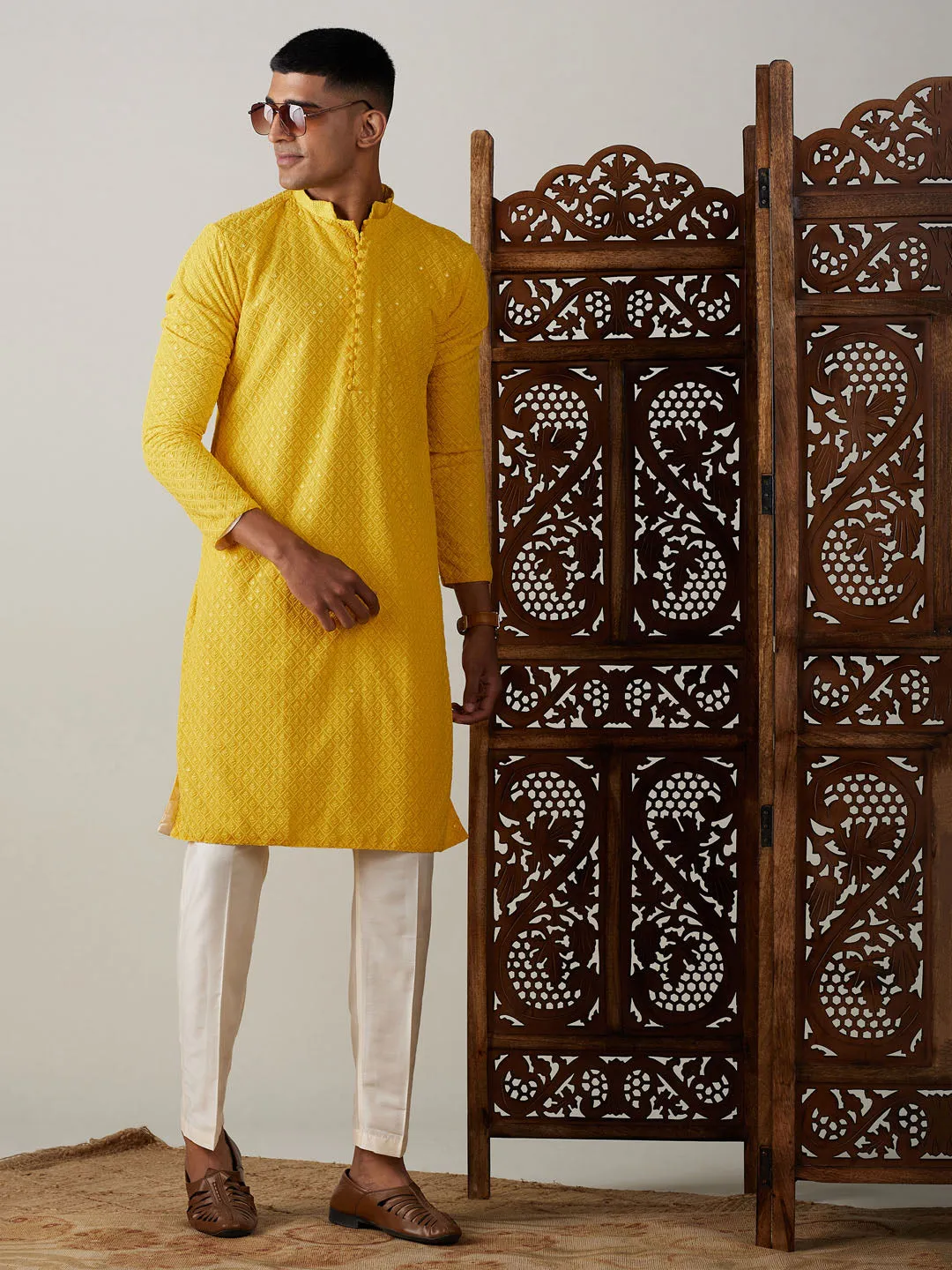 Vastramay Men's Yellow Georgette Kurta & Pant