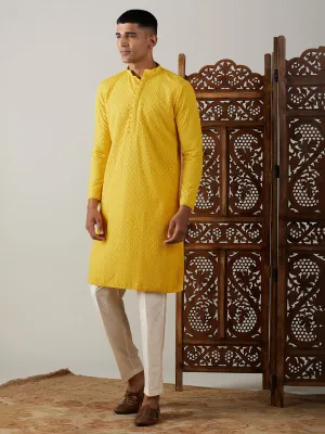 Vastramay Men's Yellow Georgette Kurta & Pant