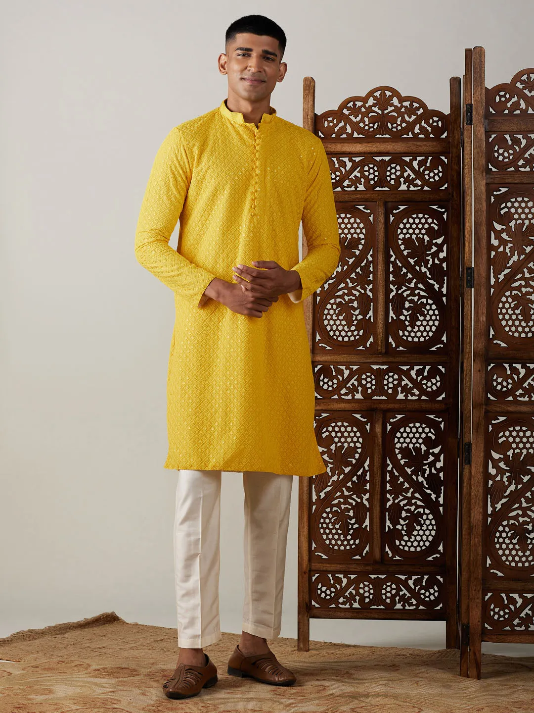 Vastramay Men's Yellow Georgette Kurta & Pant