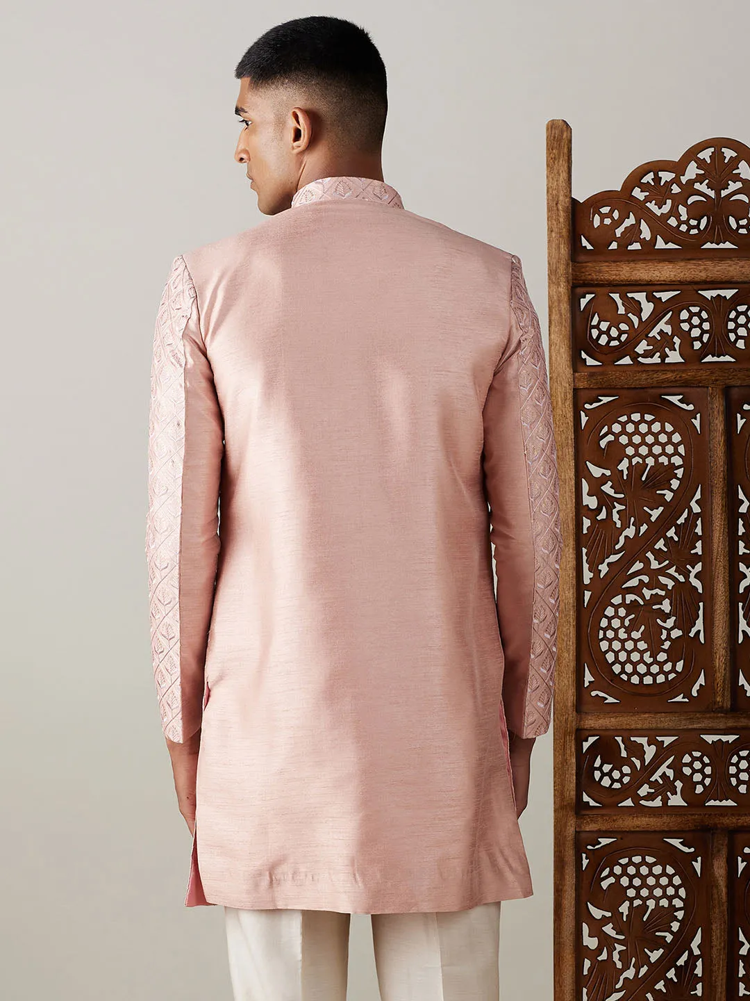 Vastramay Peach Sequined Indo Western Sherwani