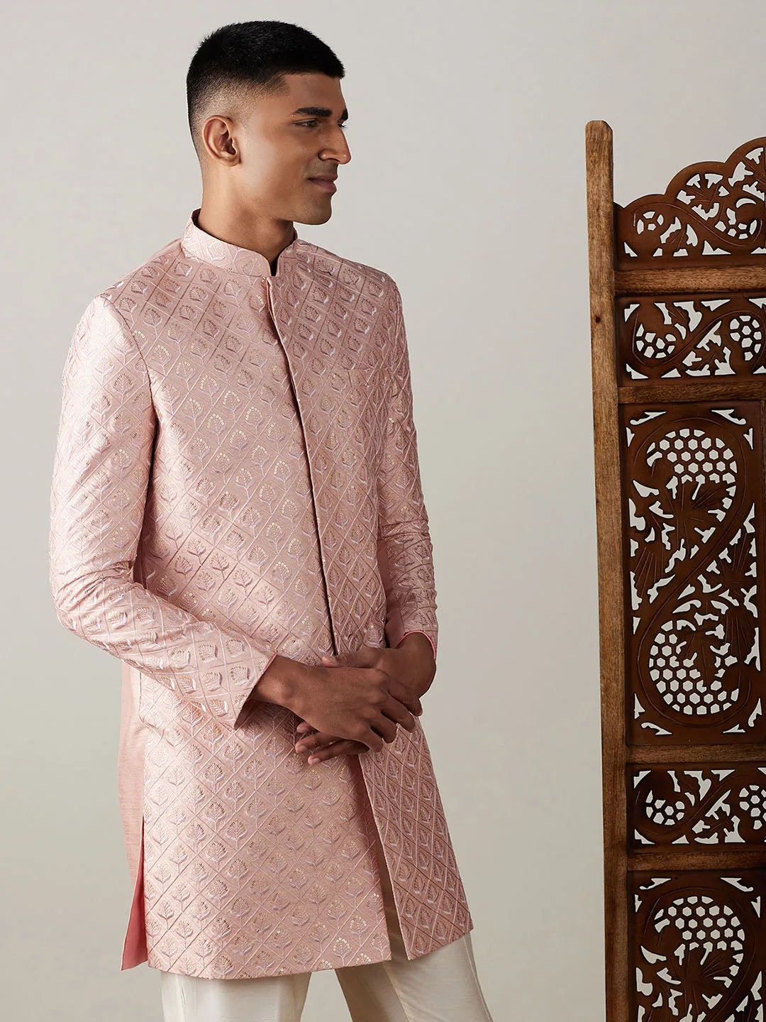 Vastramay Peach Sequined Indo Western Sherwani