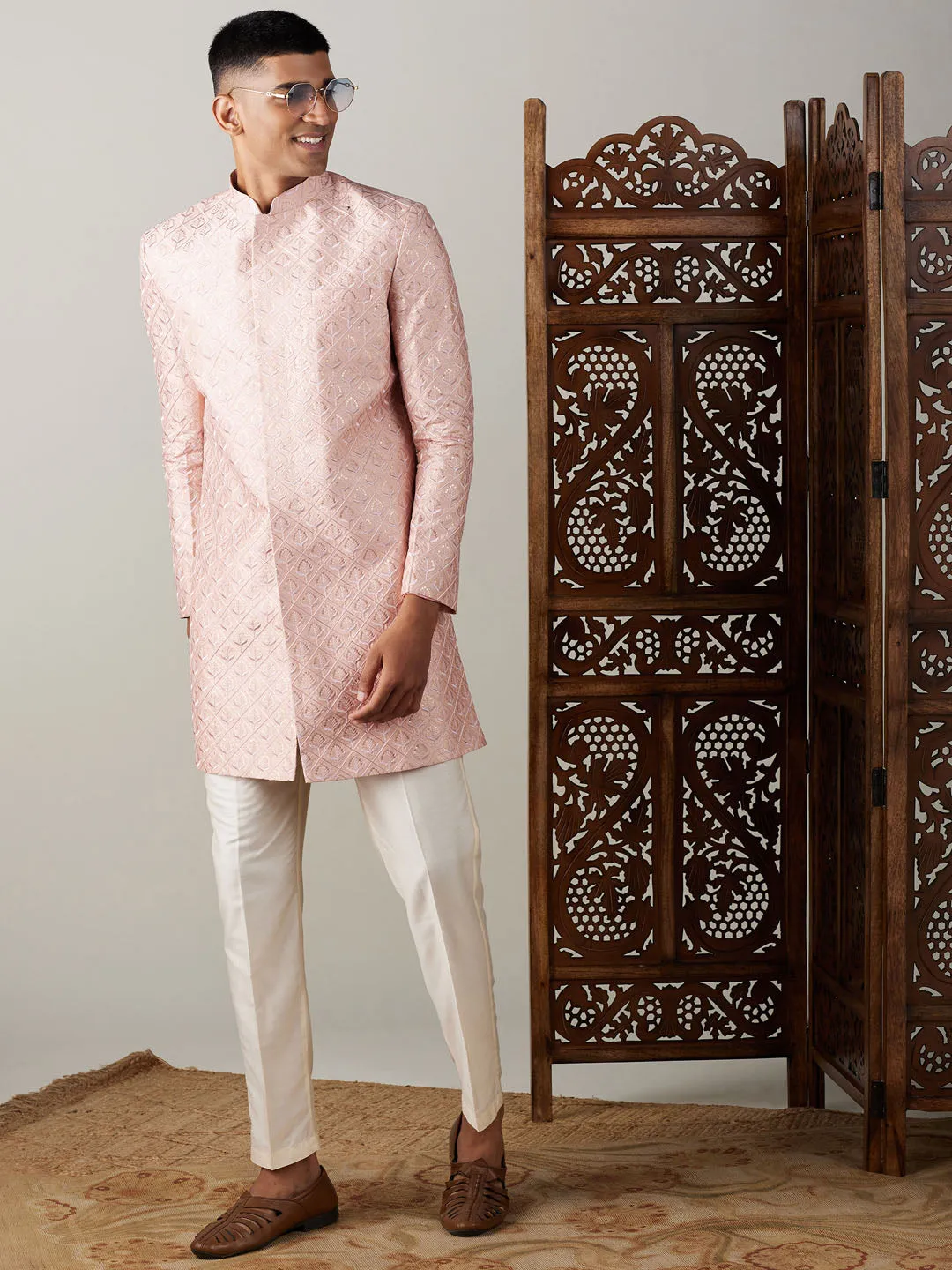 Vastramay Peach Sequined Indo Western Sherwani