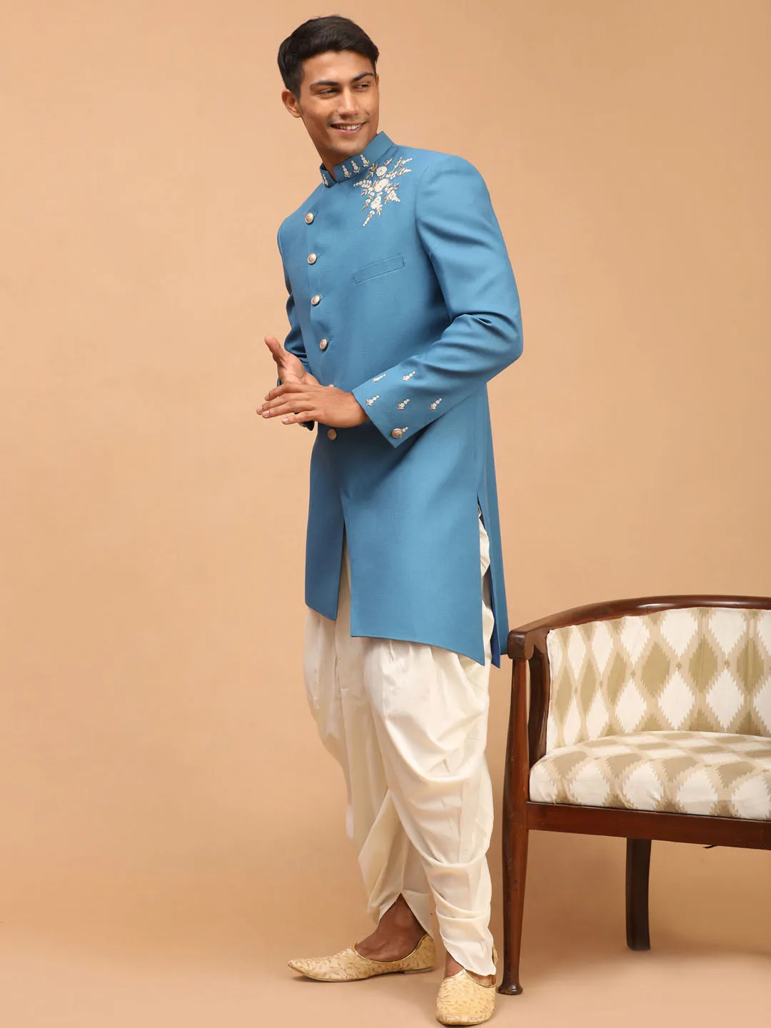 Vastramay Turquoise Blue Pearl Indo Dhoti Set