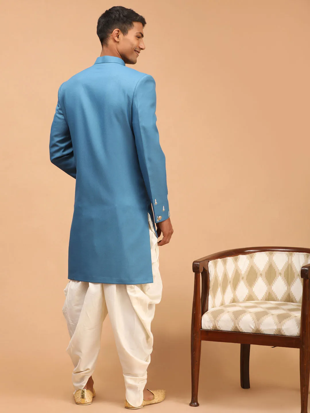Vastramay Turquoise Blue Pearl Indo Dhoti Set